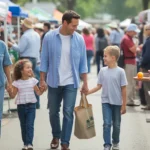 A family enjoys a weekend farmers market in The Woodlands, TX, representing the local lifestyle and community.