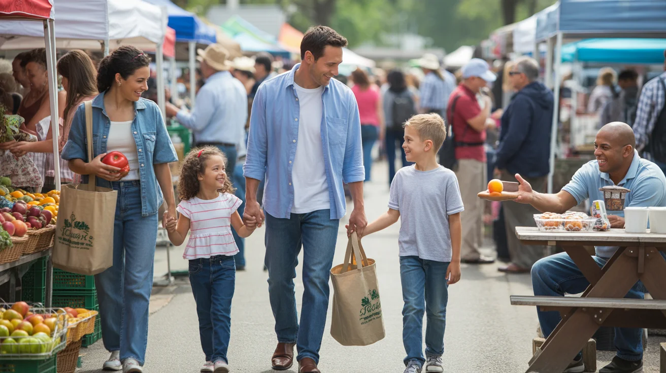 A family enjoys a weekend farmers market in The Woodlands, TX, representing the local lifestyle and community.
