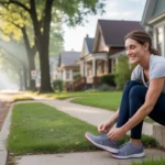 Woman tying running shoes on front steps of historic Elgin home at sunrise