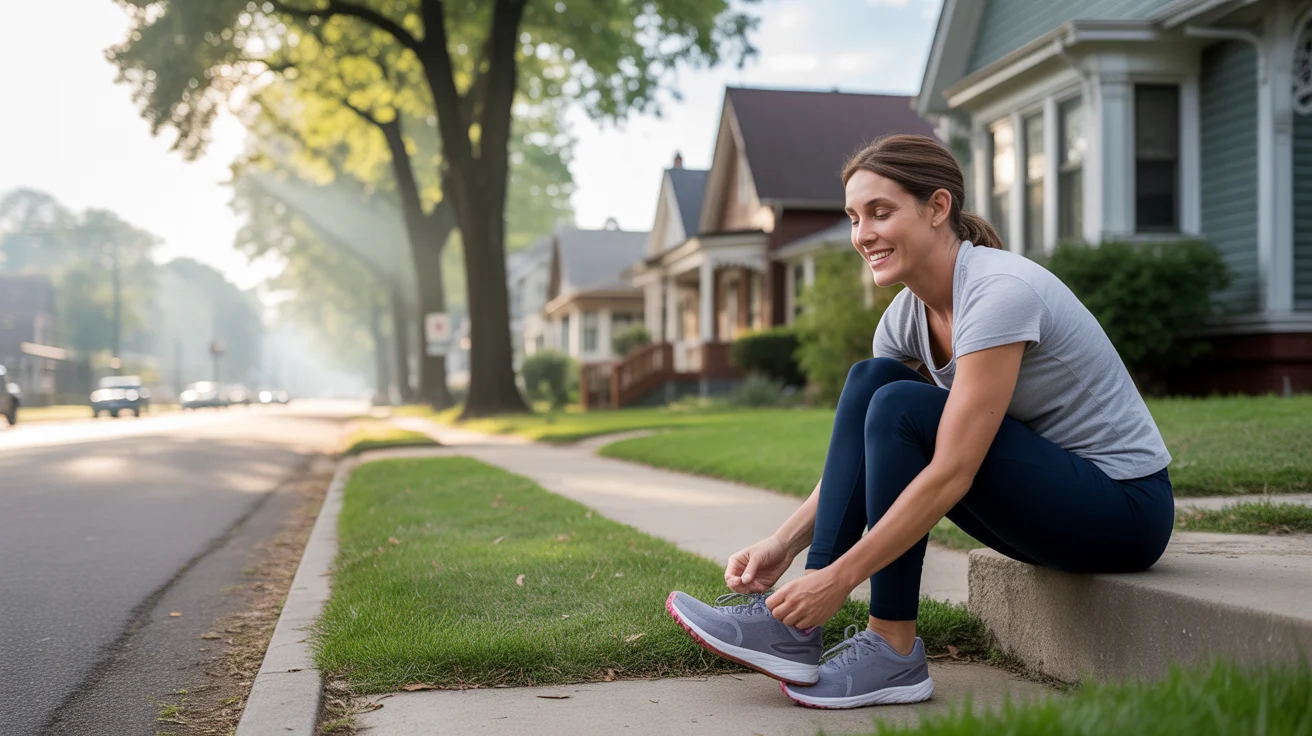 Woman tying running shoes on front steps of historic Elgin home at sunrise