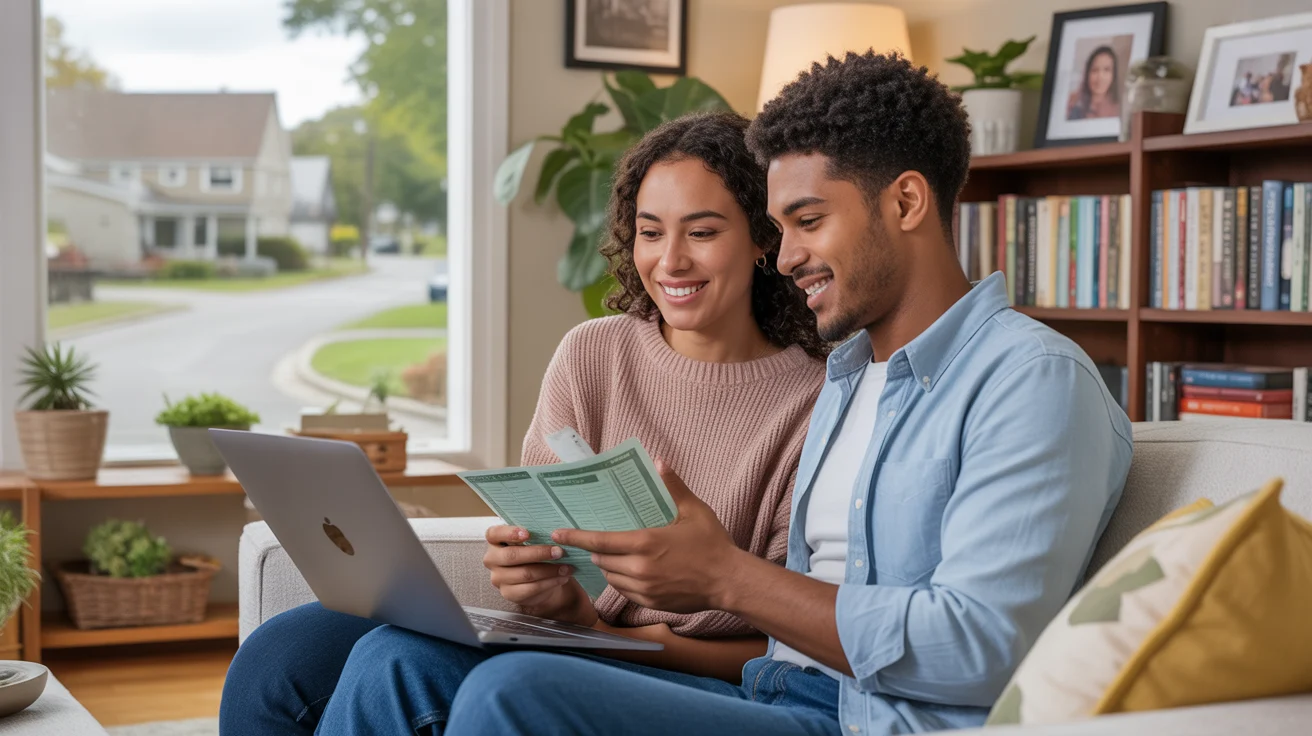 Couple reviews monthly budget in cozy Taylorsville living room