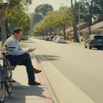 Man waiting at suburban bus stop in Santa Ana with bicycle