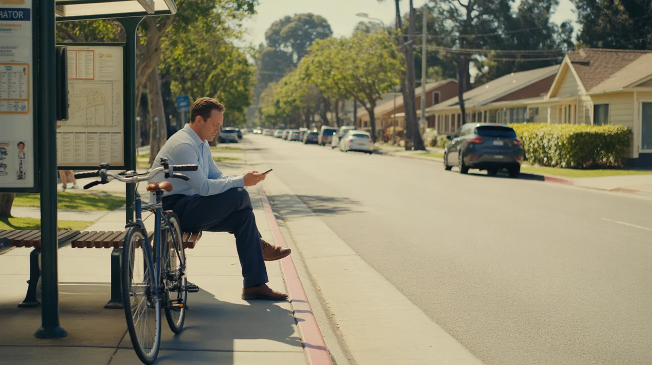 Man waiting at suburban bus stop in Santa Ana with bicycle