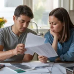 Couple reviewing bills and permits at kitchen table in Elgin home