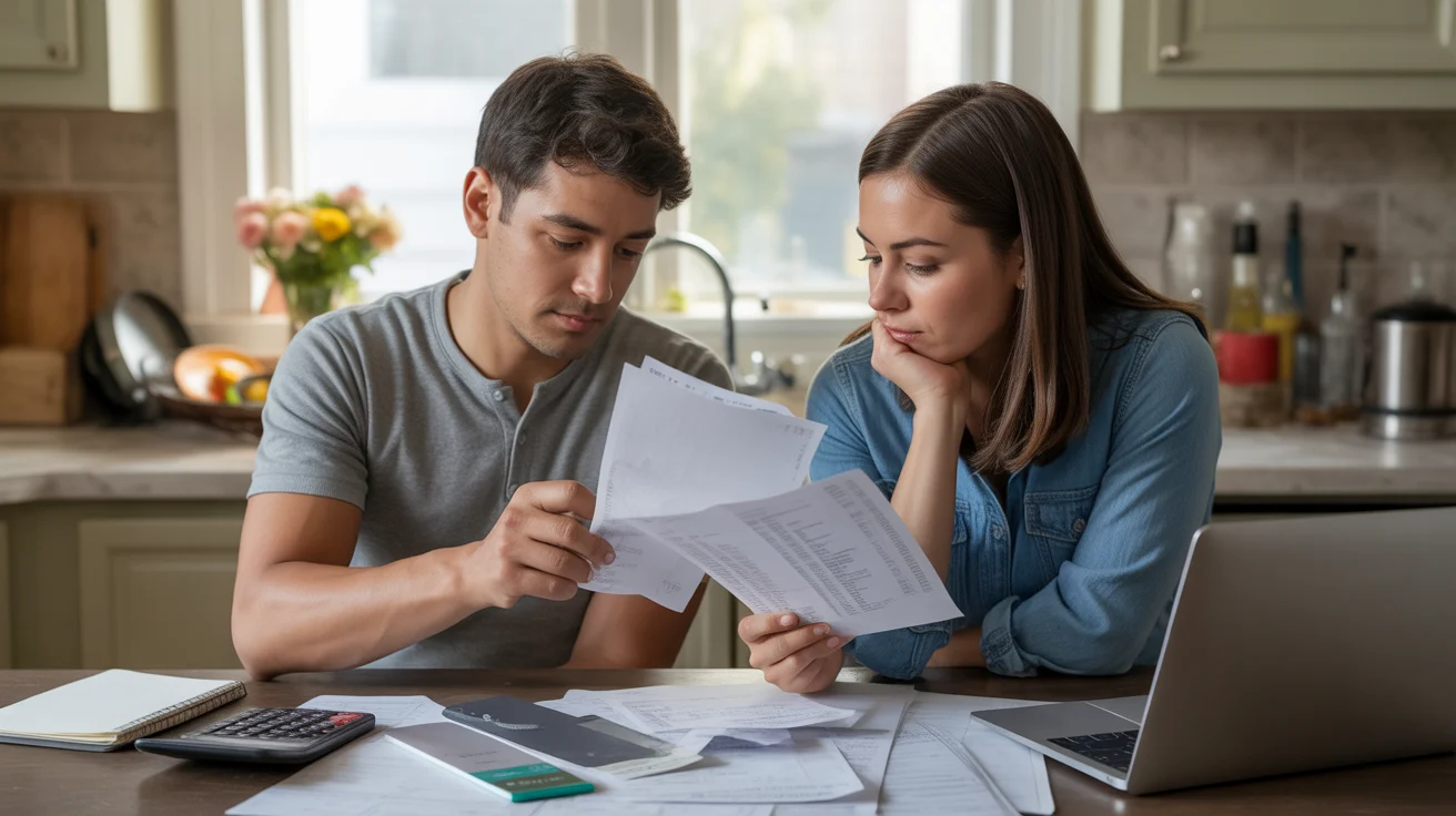 Couple reviewing bills and permits at kitchen table in Elgin home