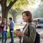 Young woman checking bus schedule at shelter in Naperville, IL