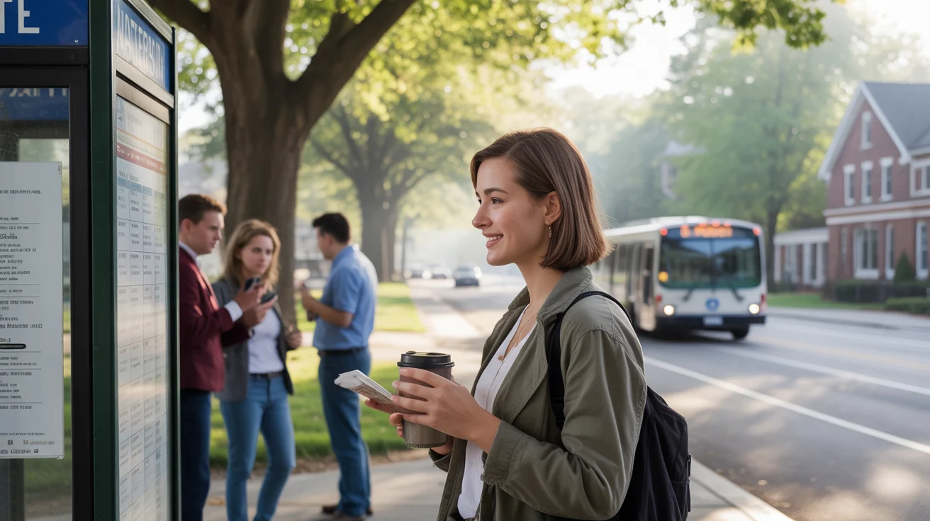 Young woman checking bus schedule at shelter in Naperville, IL