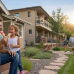 Father and daughter eating popsicles on front steps of house in Arvada neighborhood with apartments nearby