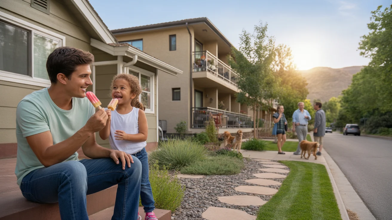 Father and daughter eating popsicles on front steps of house in Arvada neighborhood with apartments nearby