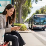 Young businesswoman using phone while waiting for the bus at an Anaheim bus stop