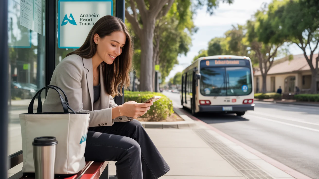 Young businesswoman using phone while waiting for the bus at an Anaheim bus stop