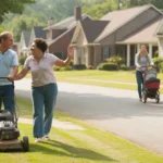 Neighbors waving while mowing their lawns on a sunny morning in a Stonecrest, GA suburb