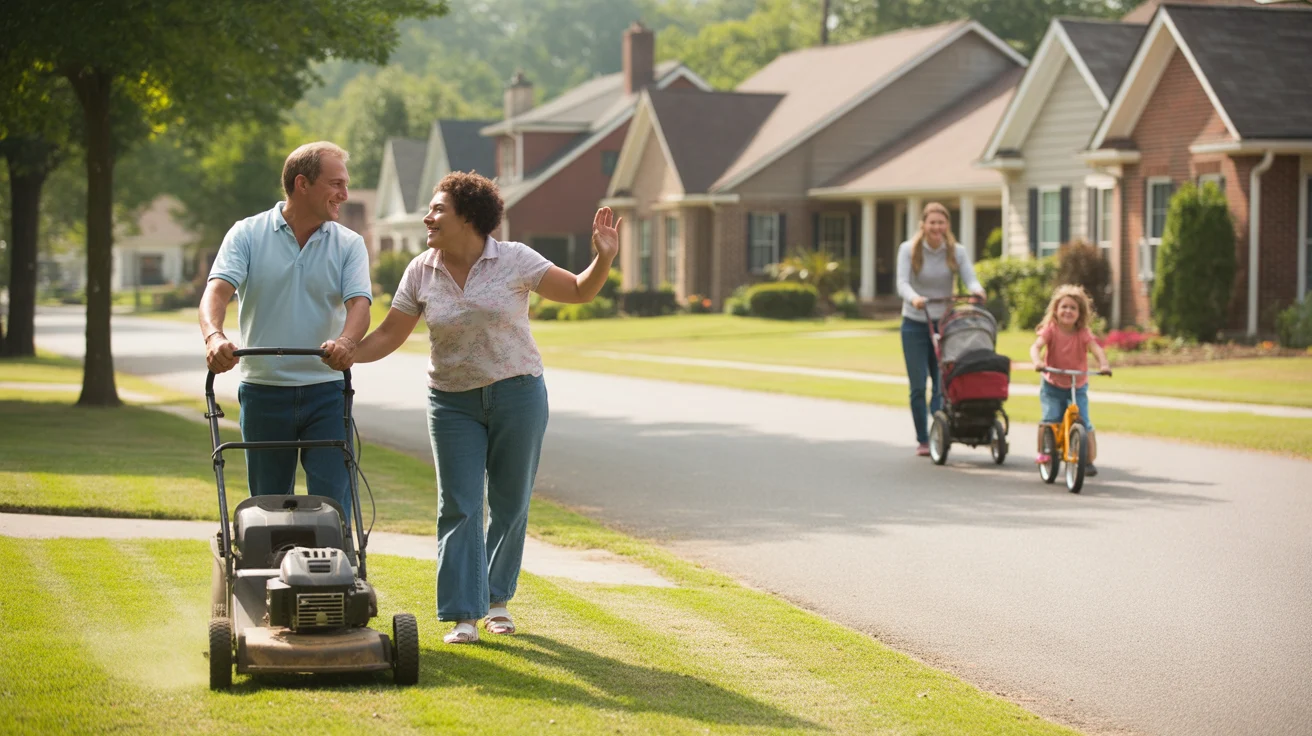 Neighbors waving while mowing their lawns on a sunny morning in a Stonecrest, GA suburb