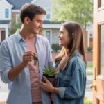 Couple standing in doorway of new Raleigh home, holding keys and potted plant