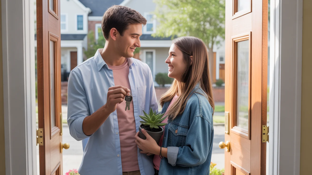 Couple standing in doorway of new Raleigh home, holding keys and potted plant