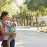 Mother and young daughter waiting for the bus on a quiet street in Georgetown, TX
