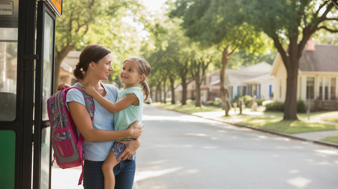 Mother and young daughter waiting for the bus on a quiet street in Georgetown, TX