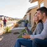 Couple enjoys peaceful morning coffee on their porch in North Las Vegas suburb