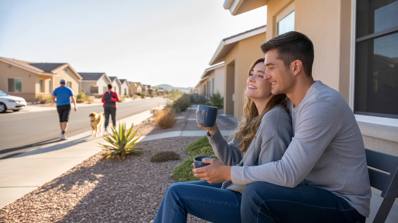 Couple enjoys peaceful morning coffee on their porch in North Las Vegas suburb