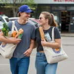 A young couple carries groceries out of a Westminster, Colorado supermarket on a sunny day.
