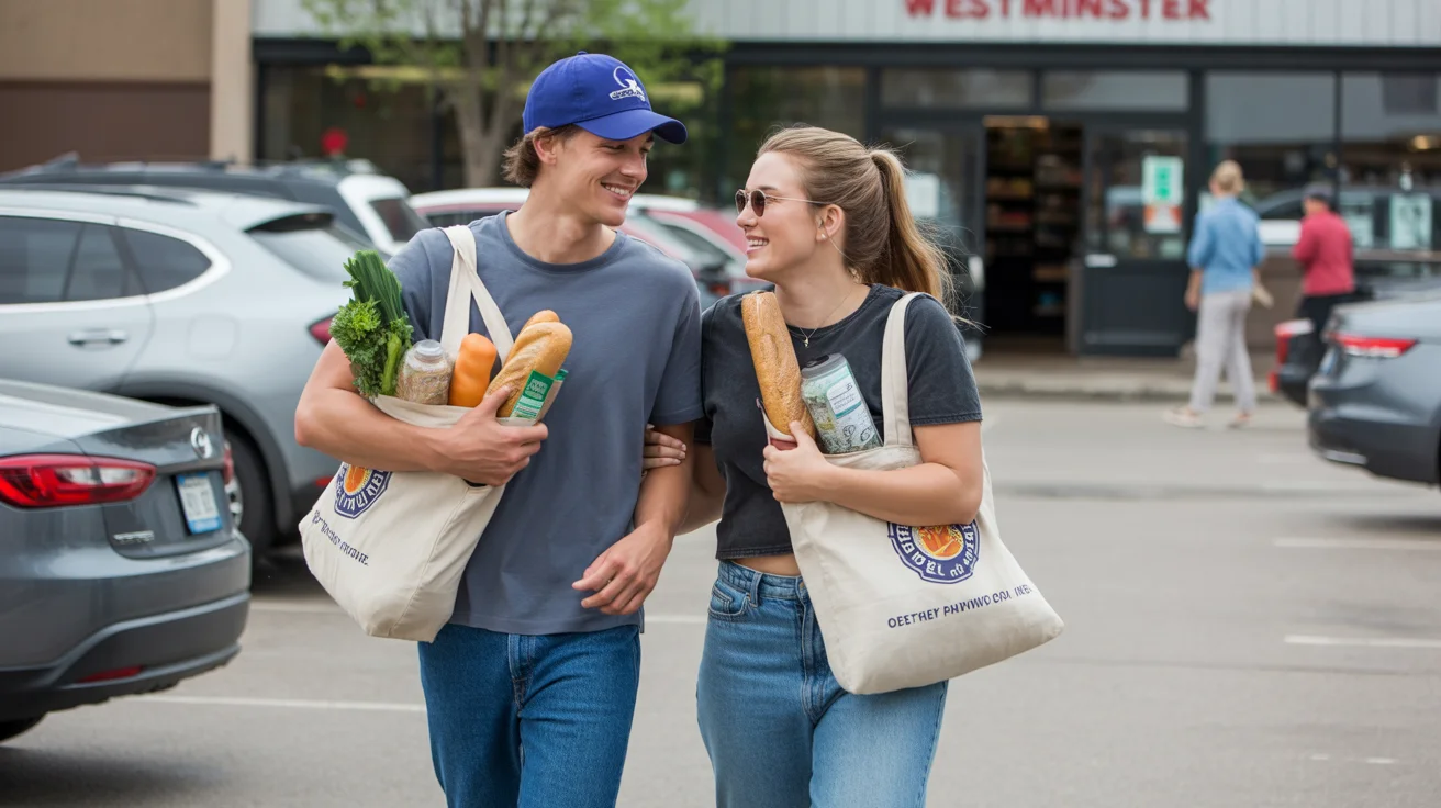 A young couple carries groceries out of a Westminster, Colorado supermarket on a sunny day.