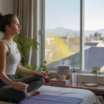 Woman doing yoga in bedroom with Las Vegas suburban sunrise view