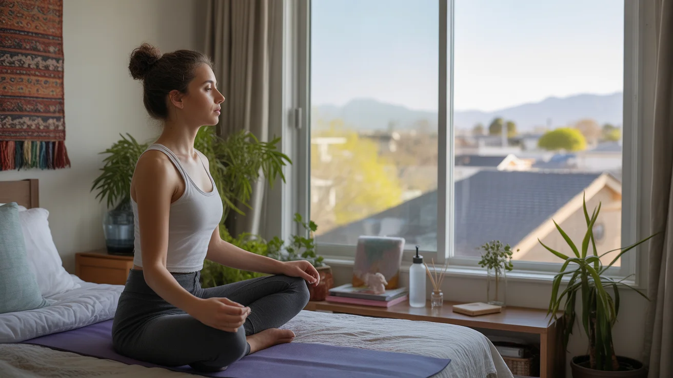Woman doing yoga in bedroom with Las Vegas suburban sunrise view