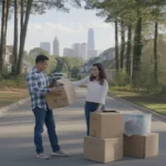 A couple unpacks moving boxes outside their new Huntersville home.