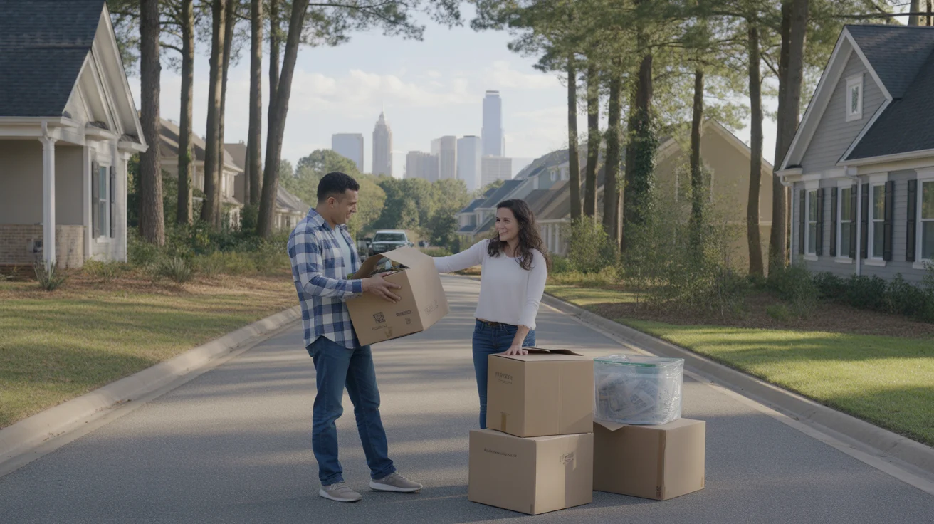 A couple unpacks moving boxes outside their new Huntersville home.