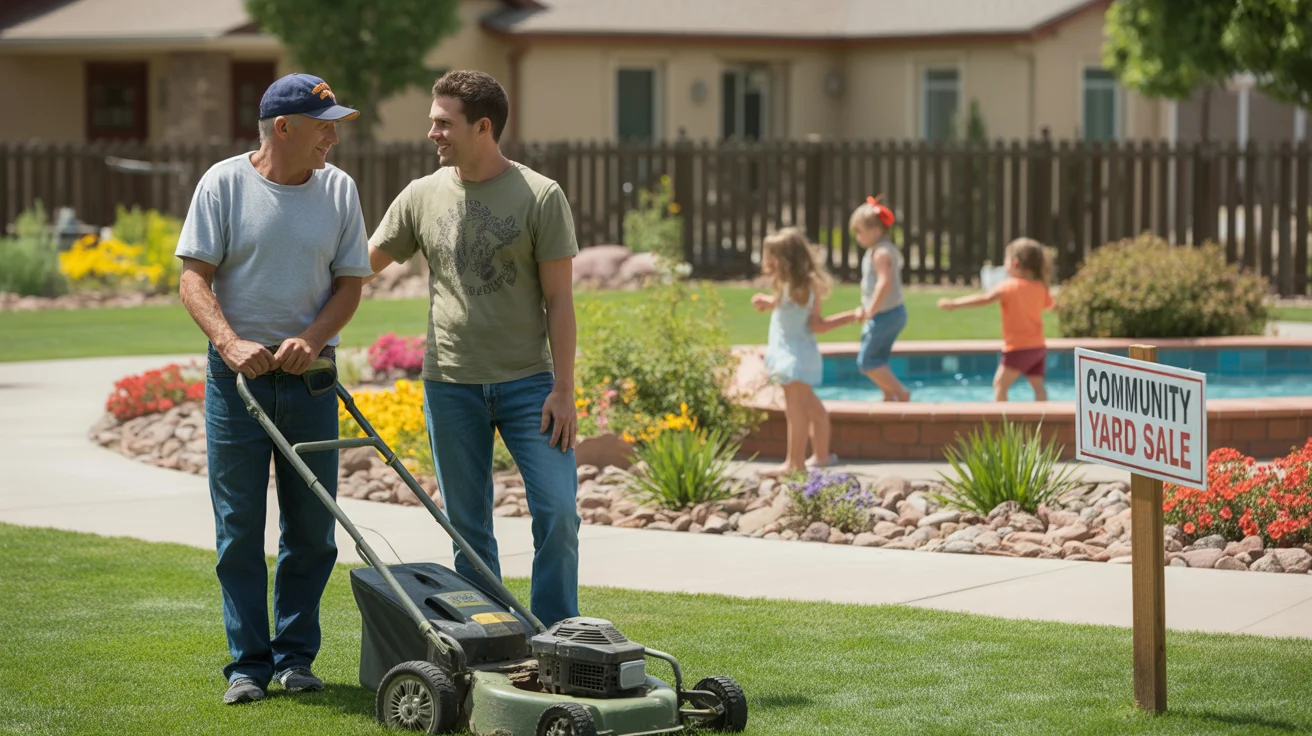 Neighbors mowing lawns and chatting in Commerce City suburb on a sunny morning