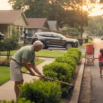 A man trims shrubs along the sidewalk in front of his suburban home in Clermont, Florida while a neighbor tends her yard nearby.
