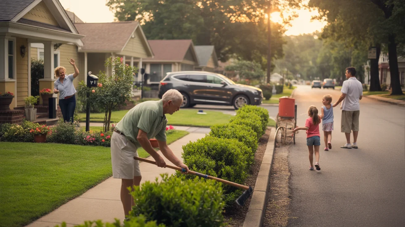 A man trims shrubs along the sidewalk in front of his suburban home in Clermont, Florida while a neighbor tends her yard nearby.