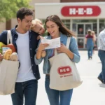 Couple with toddler leaving H-E-B grocery store in New Braunfels, TX with shopping bags