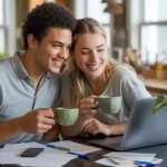 Couple looking at laptop and budget papers at kitchen table