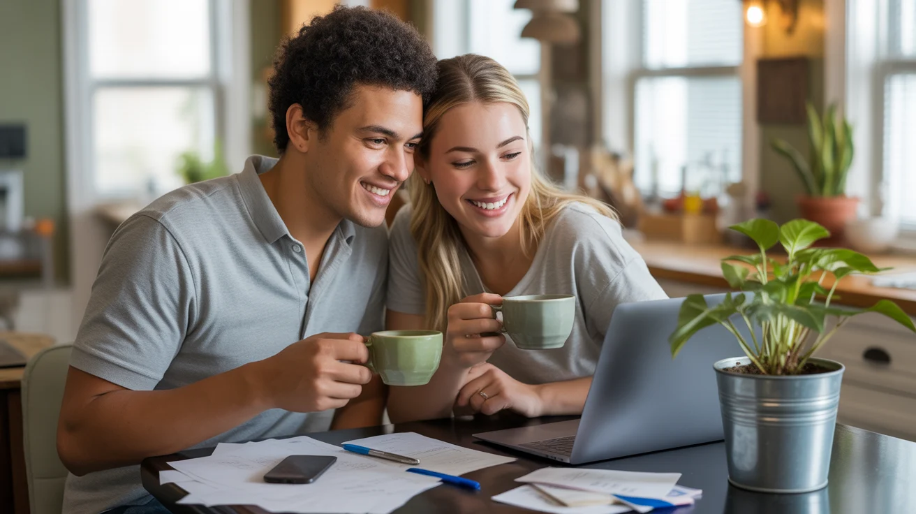 Couple looking at laptop and budget papers at kitchen table