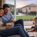 Couple watching TV together on couch as toddler plays in their Winter Garden home at sunset