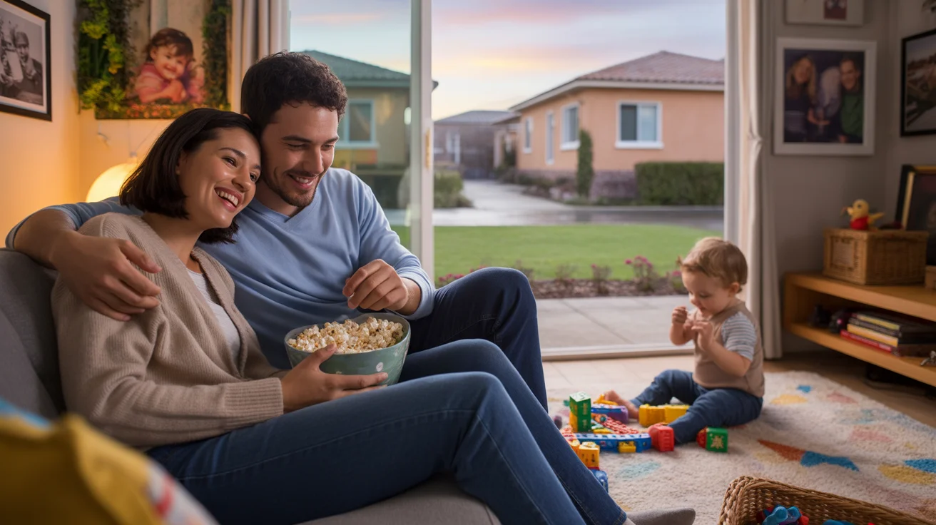 Couple watching TV together on couch as toddler plays in their Winter Garden home at sunset