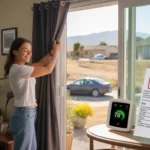 Woman closing blackout curtains in sunny apartment in Ontario, California
