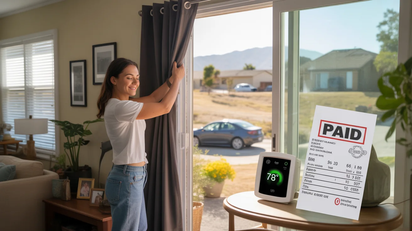 Woman closing blackout curtains in sunny apartment in Ontario, California