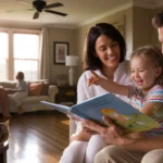 A family reads together in their living room on a summer evening in Gastonia, NC