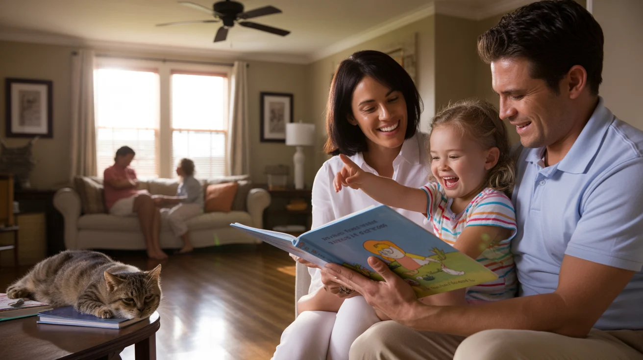 A family reads together in their living room on a summer evening in Gastonia, NC