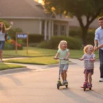 Children riding scooters on a cul-de-sac in Plano, Texas at sunset, with parents watching nearby