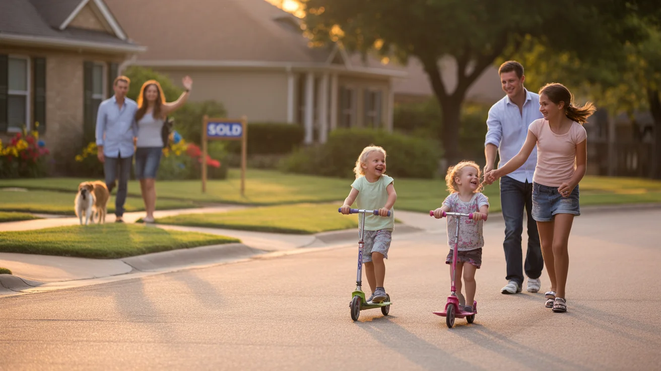Children riding scooters on a cul-de-sac in Plano, Texas at sunset, with parents watching nearby