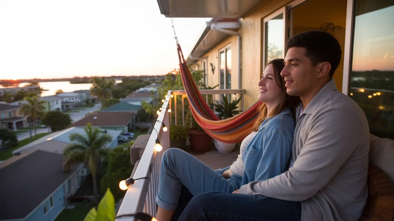 Couple relaxing on their cozy apartment balcony in Clermont, FL at sunset