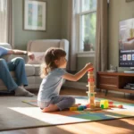 Father and daughter enjoying peaceful playtime at home in Elgin living room