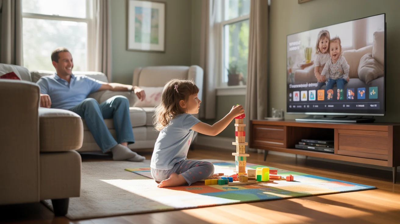 Father and daughter enjoying peaceful playtime at home in Elgin living room
