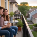 Couple relaxing on apartment balcony looking at houses in Wheaton neighborhood
