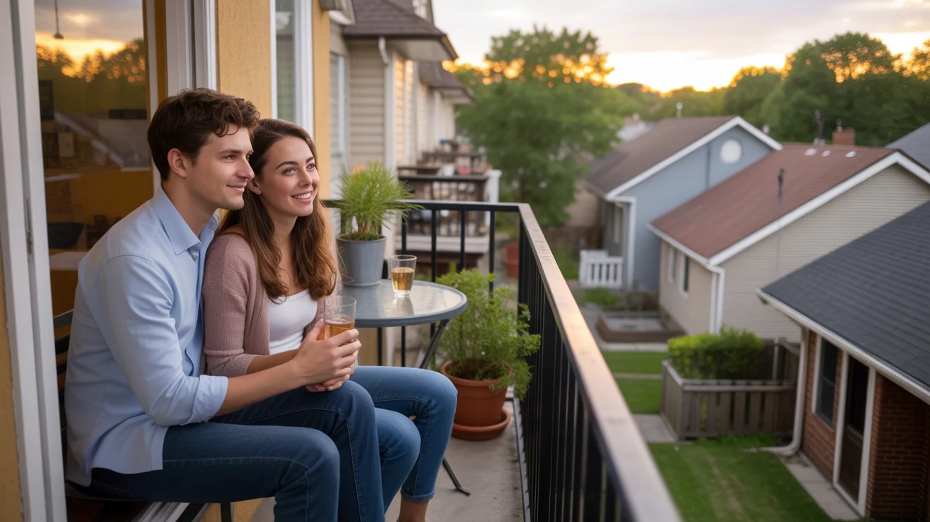 Couple relaxing on apartment balcony looking at houses in Wheaton neighborhood