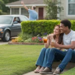 Couple sitting on front steps of single-family home in Plano, Texas