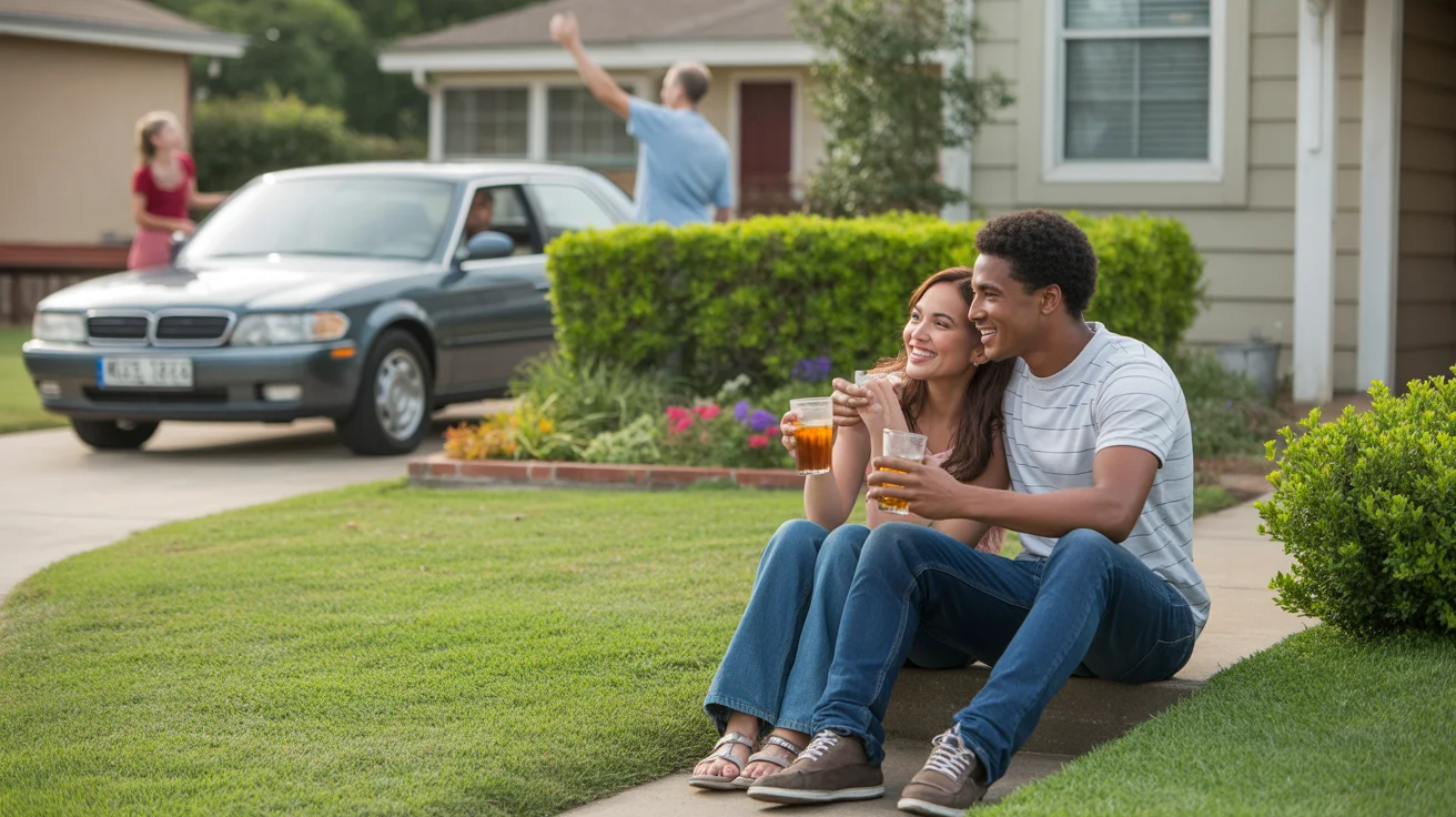 Couple sitting on front steps of single-family home in Plano, Texas